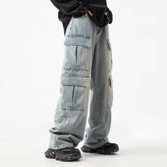 3Pcs Mens Multi Pocket Washed Fashion Loose Wide Leg Pants